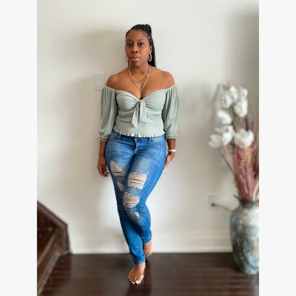 (NWT) Smocked Keyhole Off-Shoulder Top - Sage - Picture 4 of 8